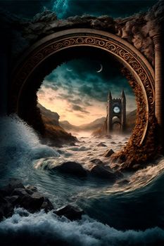 Castle on the magic river, the water flows through a round arch. High quality illustration
