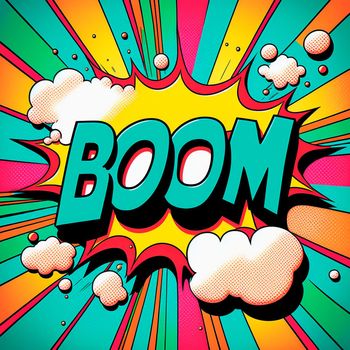 Cartoon sign of burst clouds with the word Boom. High quality photo