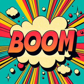 Cartoon sign of burst clouds with the word Boom. High quality photo