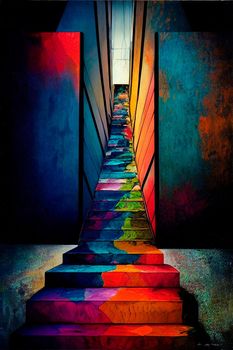 Climbing the stairs, psychedelic colors, searching for himself. Stairway to other world. High quality illustration