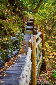 Image of Beautiful boardwalk with wood railing against mossy rocks leads into peaceful fall forest