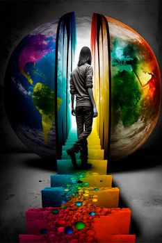 Guy Climbing the stairs, psychedelic colors, searching for himself. High quality illustration