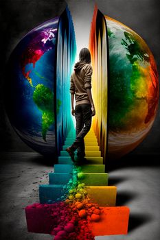 Guy Climbing the stairs, psychedelic colors, searching for himself. High quality illustration