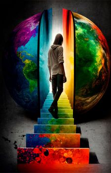 Guy Climbing the stairs, psychedelic colors, searching for himself. High quality illustration