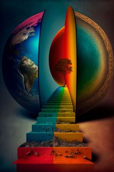 Climbing the stairs, psychedelic colors, searching for himself. Stairway to other world. High quality illustration