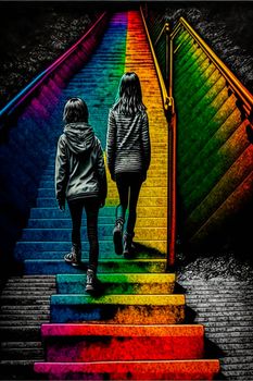 Two girls Climbing stairs, psychedelic colors, searching for themselves. High quality illustration