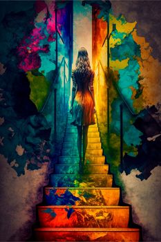 Girl climbing stairs, psychedelic colors, finding herself. High quality illustration