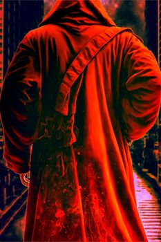 A man in an orange cloak is walking up the stairs. High quality illustration