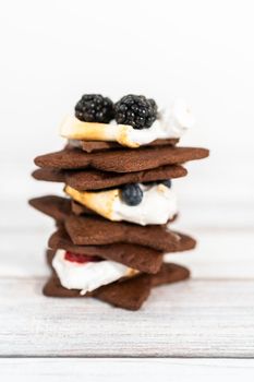 Making s'mores on a homemade star-shaped chocolate graham cracker with toasted marshmallow and fruits.