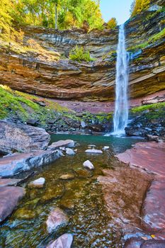 Image of Waterfall pours over layered cliff edge into peaceful river with rocks and fall foliage