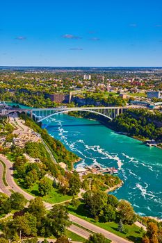 Image of Looking at Rainbow Bridge at Niagara Falls connecting America to Canada