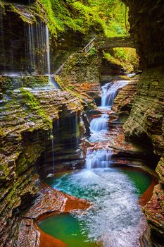 Image of Magical waterfalls and gorge in Upstate New York with fall foliage and stone bridge path