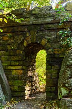 Image of New York City Central Park woods with stone arch tunnel