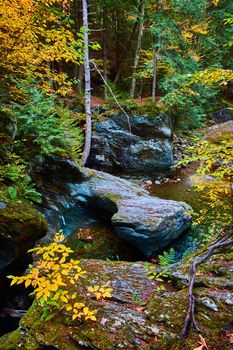 Image of Beautiful rock with circle carved out of it along fall river gorge from above