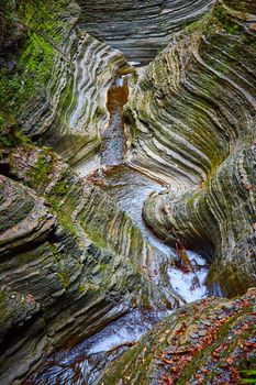 Image of Small river through gorge in detail of layered rocks and moss