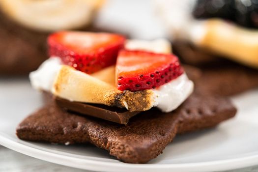 Making s'mores on a homemade star-shaped chocolate graham cracker with toasted marshmallow and fruits.