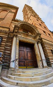 Image of Entrance exterior to old church with large brown doors and towering light brown brick steeple