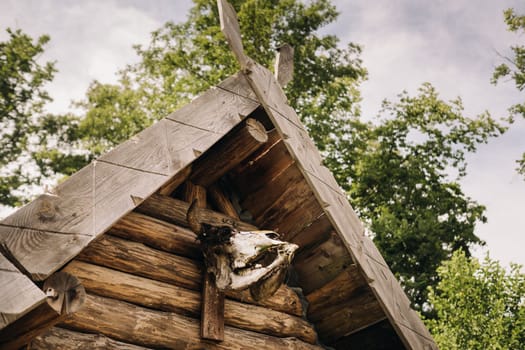 A close-up of a partially destroyed cattle skull that hangs over the entrance to an old triangular house.