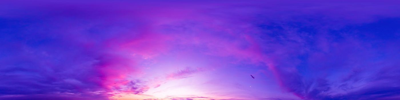 Dark blue magenta sunset sky panorama with pink Cumulus clouds. Seamless hdr 360 pano in spherical equirectangular format. Full zenith for 3D visualization, game, sky replacement for aerial drone panoramas.
