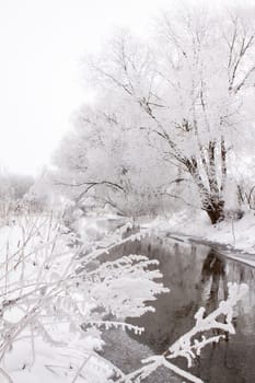 Snow-covered landscape of open spaces near the river. Snowy weather.