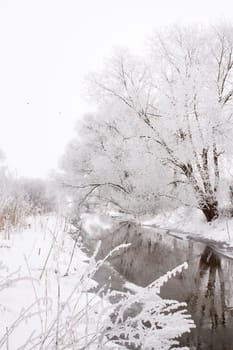 Snow-covered landscape of open spaces near the river. Snowy weather.