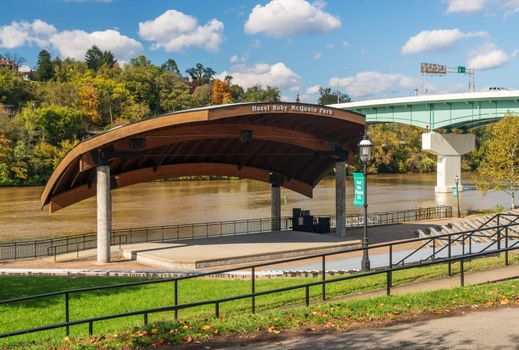 Morgantown, WV - 23 October 2016: Hazel Ruby McQuain park and stage by the river in West Virginia