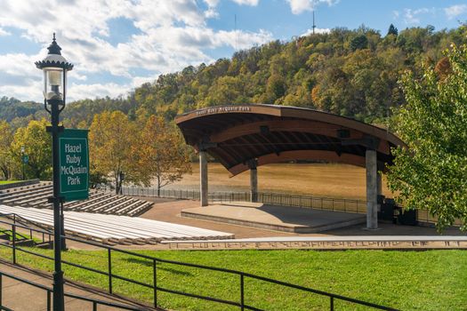 Morgantown, WV - 23 October 2016: Hazel Ruby McQuain park and stage by the river in West Virginia