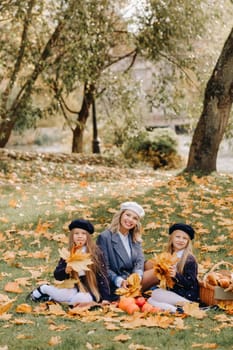 A big family on a picnic in the fall in a nature park. Happy people in the autumn park.