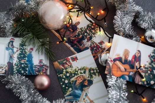 Photos of family against Christmas lights decor background.