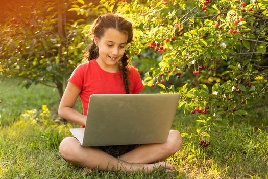 Kids using laptop learning in organic vegetable farmland in raral.