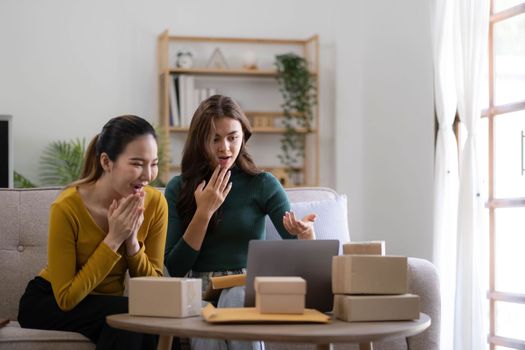 Portrait of Starting small businesses SME owners, two Asian woman check online orders Selling products working with boxs freelance work at home office, sme business online small medium enterprise.