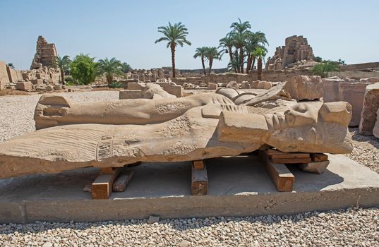 Large broken statue of Ramses II in ancient egyptian Karnak Temple laying down being restored