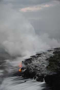 Lava entry to ocean at Big Island, Hawaii