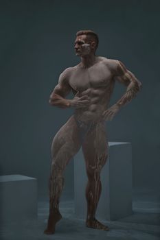 Studio shot of a muscular man. Young handsome athletic caucasian guy with beautiful naked torso looking away while posing shirtless isolated over grey background. Isolate.