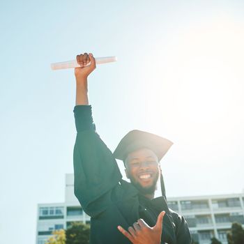 University graduation, black man with student success or portrait with lens flare of sunshine. Celebrate achievement on Nigerian campus, african graduate with proud smile or education certificate.
