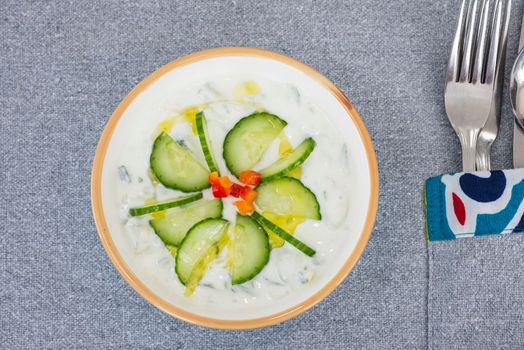 Tzatziki a la carte appetiser meal dip in a white bowl dish with fresh cucumber and cutlery