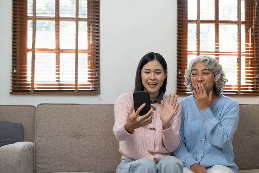 Grandmother and granddaughter sitting on sofa and having fun. Happy elderly woman learning to make video call on mobile phone.