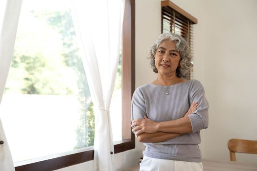 Portrait of smiling senior woman standing posing in home happy confident middle-aged female look at camera show confidence and success..