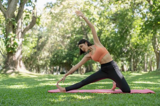 Young attractive girl is doing advanced yoga asana on the fitness mat in the middle of a park