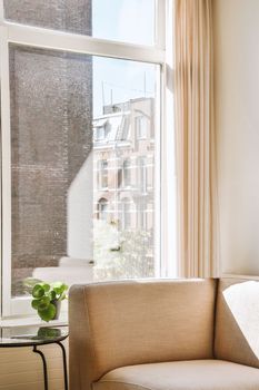 a living room with a couch in front of the window and a plant on the side table next to it