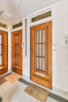 the inside of a house with wood doors and white trim on the walls, windows, and rugs in front of the door