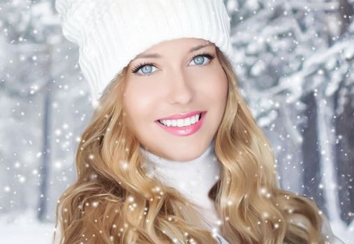 Winter holiday travel, lifestyle and fashion, beautiful happy woman and snowy forest, nature, ski resort and leisure activity outdoors Christmas, New Year and holidays portrait.
