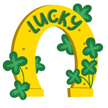 Hand drawn illustration of horseshoe with four leaf clover shamrock. St Patrick's Day Irish Ireland sign, lucky luck symbol. March celebration poster, celtic talisman design golden treasure