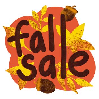 Hand drawn illustration of fall autumn sale sign, red orange yellow leaves. Business commercial marketing discount text, seasonal advertising promotion design, autumnal template art