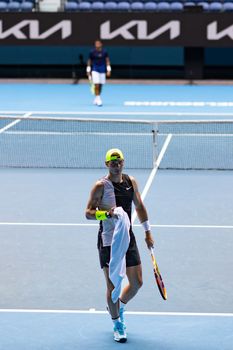 MELBOURNE, AUSTRALIA - JANUARY 13: Rafael Nadal of Spain practices ahead of the 2023 Australian Open at Melbourne Park on January 13, 2023 in Melbourne, Australia.