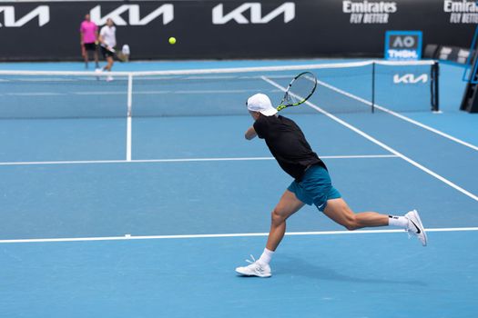 MELBOURNE, AUSTRALIA - JANUARY 13: Holger Rune (DEN) in practice ahead of the 2023 Australian Open at Melbourne Park on January 13, 2023 in Melbourne, Australia.
