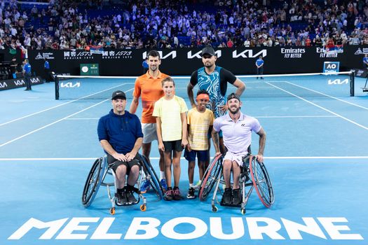 MELBOURNE, AUSTRALIA - JANUARY 13: Novak Djokovic, Nick Kyrgios, Thaadhie Karunanayake, Ana Maric, Heath Davidson and David Wagner after playing an Arena Showdown charity match ahead of the 2023 Australian Open at Melbourne Park on January 13, 2023 in Melbourne, Australia.