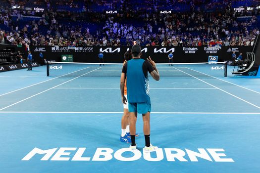 MELBOURNE, AUSTRALIA - JANUARY 13: Novak Djokovic of Serbia and Nick Kyrgios of Australia after playing an Arena Showdown charity match ahead of the 2023 Australian Open at Melbourne Park on January 13, 2023 in Melbourne, Australia.