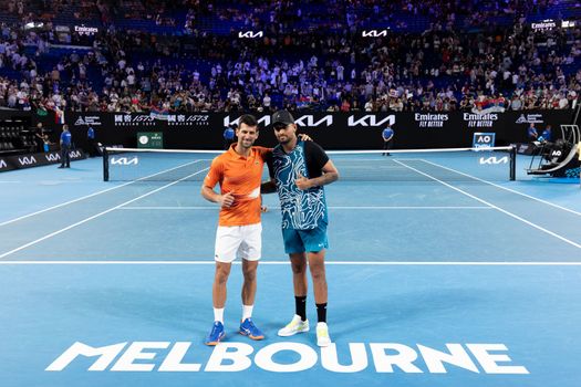 MELBOURNE, AUSTRALIA - JANUARY 13: Novak Djokovic of Serbia and Nick Kyrgios of Australia after playing an Arena Showdown charity match ahead of the 2023 Australian Open at Melbourne Park on January 13, 2023 in Melbourne, Australia.