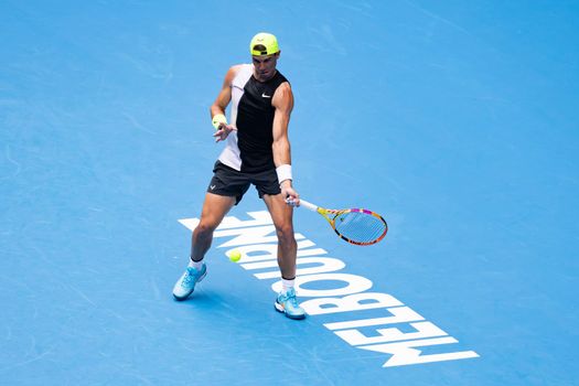 MELBOURNE, AUSTRALIA - JANUARY 13: Rafael Nadal of Spain practices ahead of the 2023 Australian Open at Melbourne Park on January 13, 2023 in Melbourne, Australia.